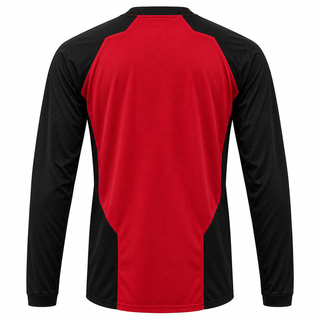 Back view of the red and black ROIA MOTO Motorcycle Jersey with red centre panel and black sleeves, on a white background