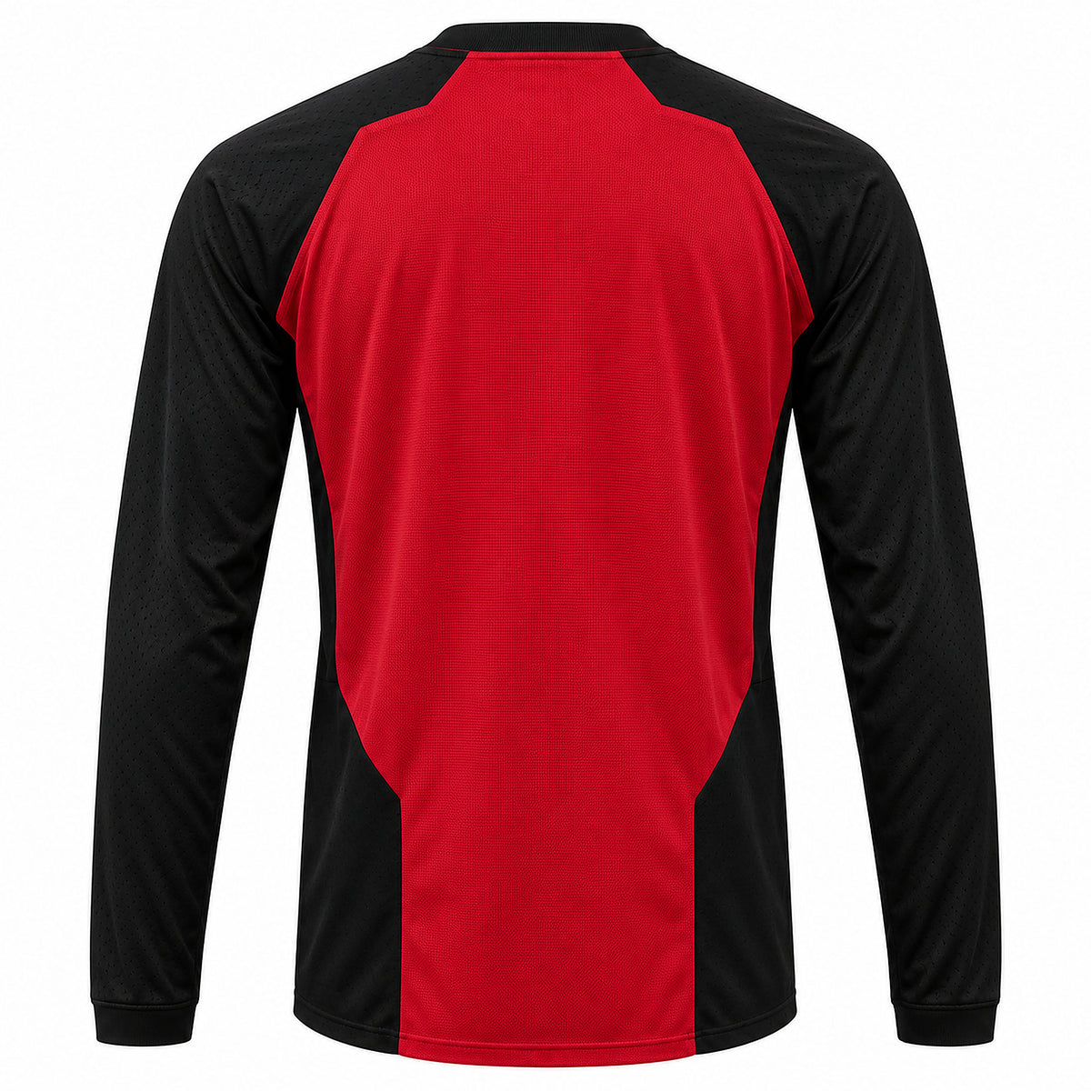 Back view of the red and black ROIA MOTO Motorcycle Jersey with red centre panel and black sleeves, on a white background