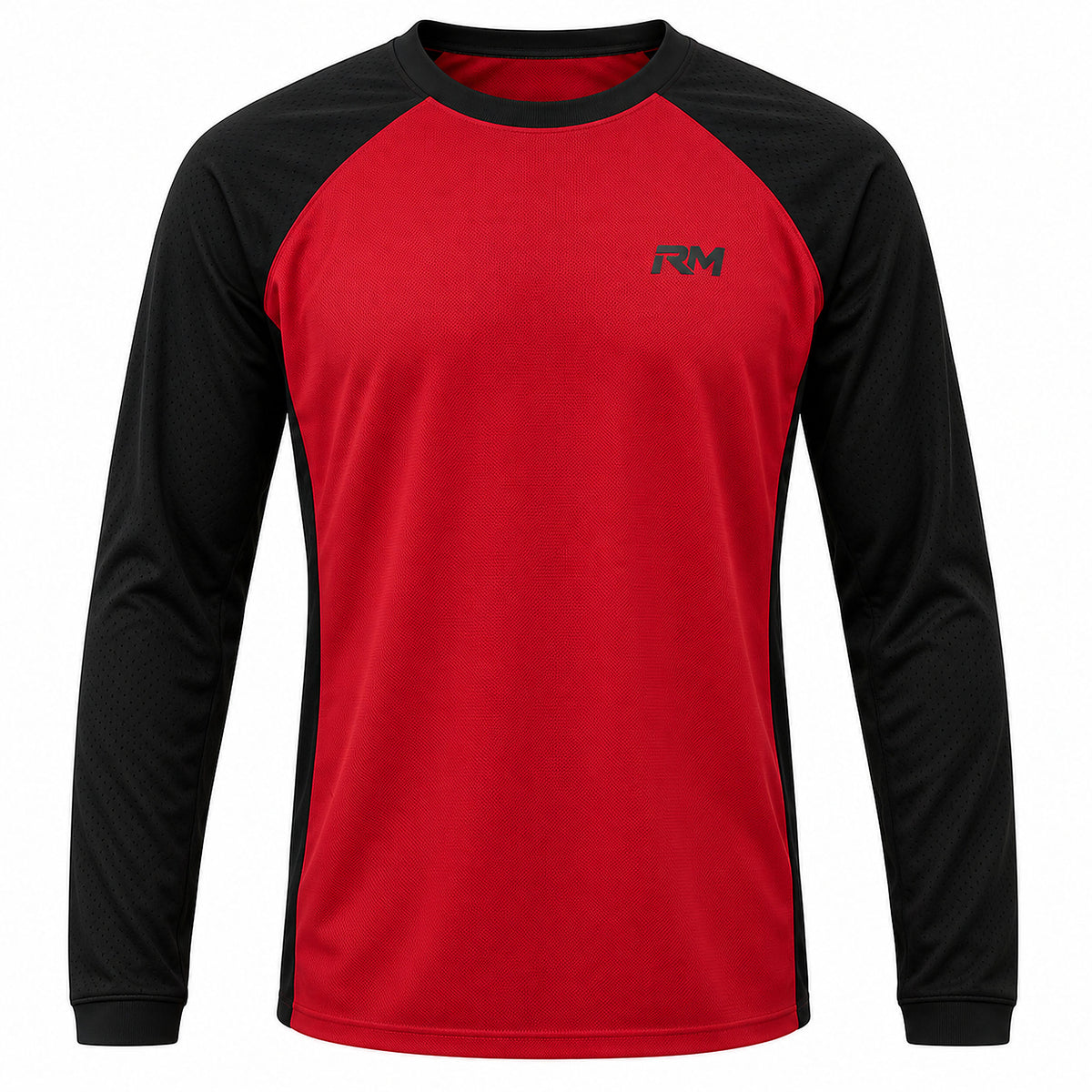 Front view of the red and black ROIA MOTO Motorcycle Jersey with black RM logo on the chest, on a white background